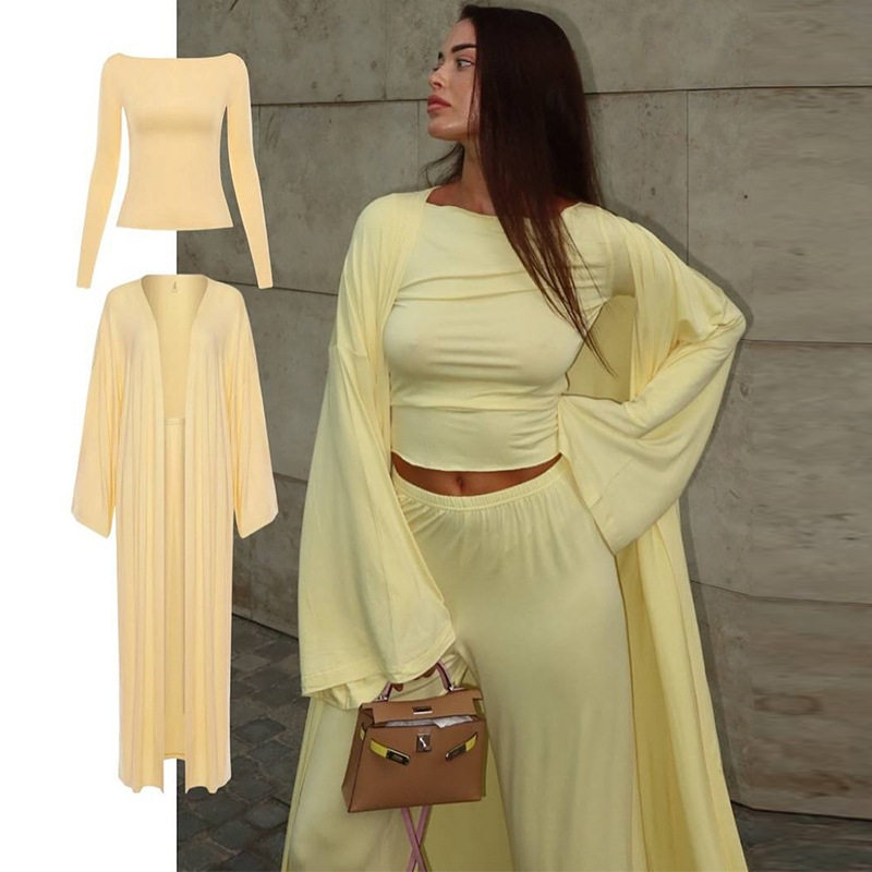 Casual Women 3 Pieces Suits Long Coats Top Wide Leg Trousers