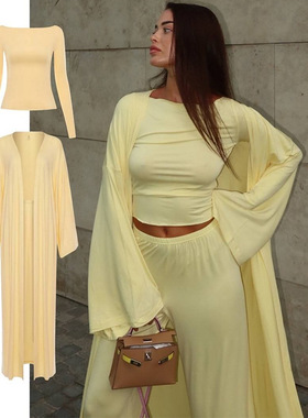 Casual Women 3 Pieces Suits Long Coats Top Wide Leg Trousers