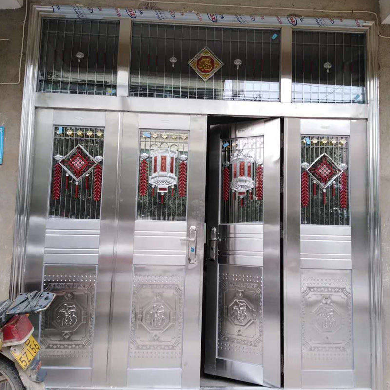 不锈钢门304不锈钢防盗门大门四开门白钢门家用玻璃乡村安全门