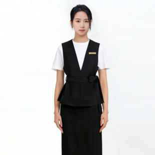 美容院工作服女高端气质酒店黑色V领收腰系带技师制服套装得体风