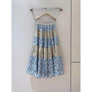 经典轻奢夏蓟花图案别致撞色图案拼接半裙