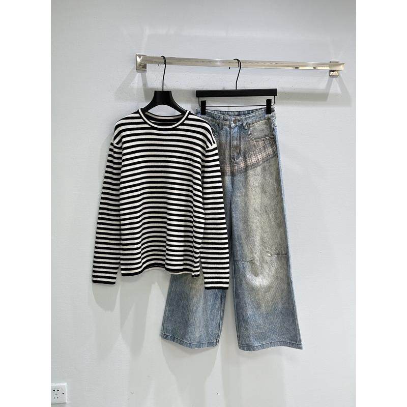 高级感中领黑白条纹长袖上衣阔腿牛仔裤两件套,女装/女士精品,时尚套装,淘宝优惠券,粉丝福利购,淘宝优惠卷
