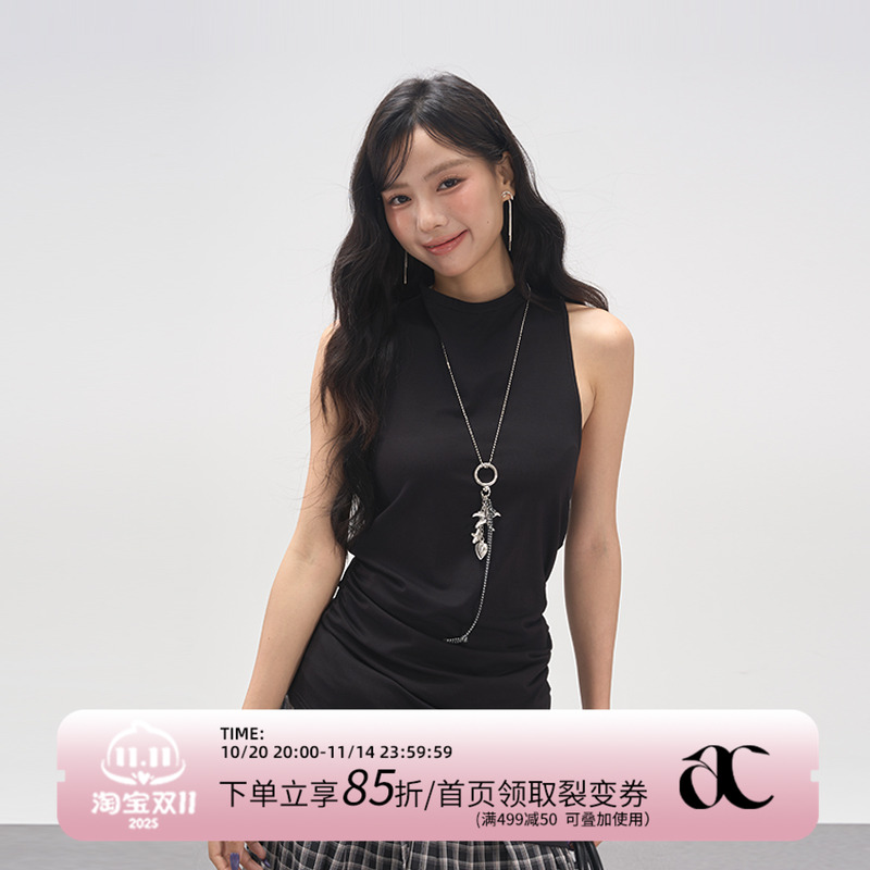 AXIA2025夏季新款圆领挂脖无袖背心女后背扭结设计感上衣中长款