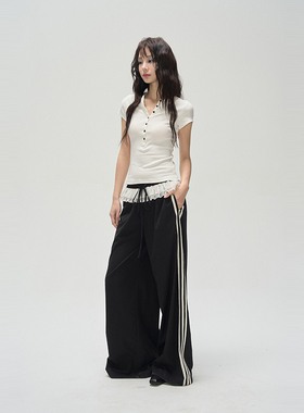 AXIA 休闲裤女春夏垂感芭蕾风撞色两条杠宽松运动蕾丝拼接长裤子