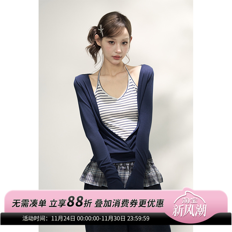 假两件挂脖式横条纹长袖T恤上衣