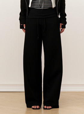 AXIA 宽边双层翻腰头松驰感阔腿裤女高腰宽松抽绳直筒休闲裤