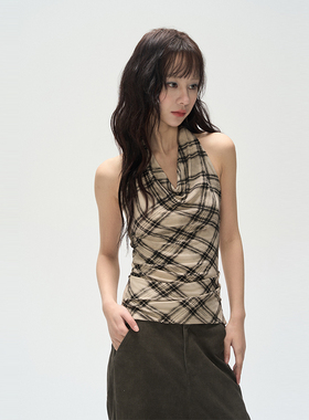 AXIA2025SS复古格纹荡领无袖背心女收腰显瘦外穿吊带辣妹挂脖上衣