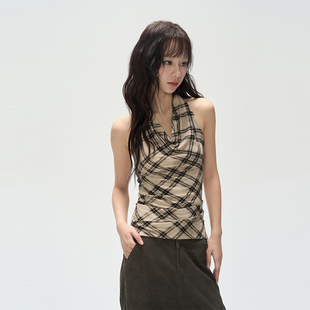 AXIA2025SS复古格纹荡领无袖 背心女收腰显瘦外穿吊带辣妹挂脖上衣
