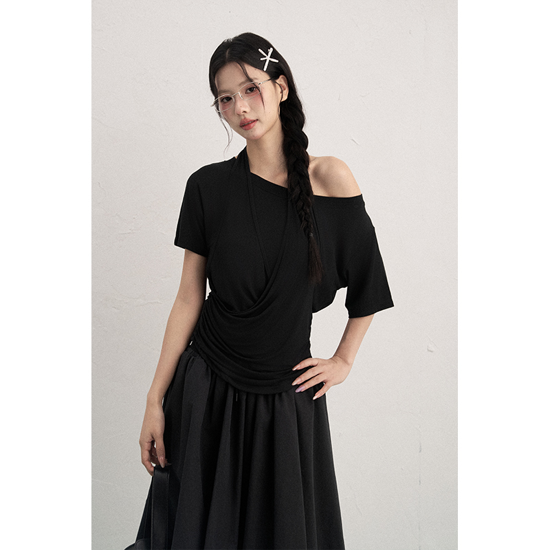 AXIA斜肩不规则设计感半袖T恤假两件女早秋宽松百搭上衣原创设计