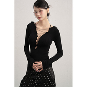 AXIA早秋深V领长袖 T恤女性感辣妹ins显瘦绑带原创小众正肩上衣ins