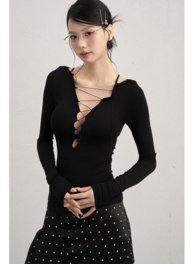 AXIA早秋深V领长袖T恤女性感辣妹ins显瘦绑带原创小众正肩上衣ins