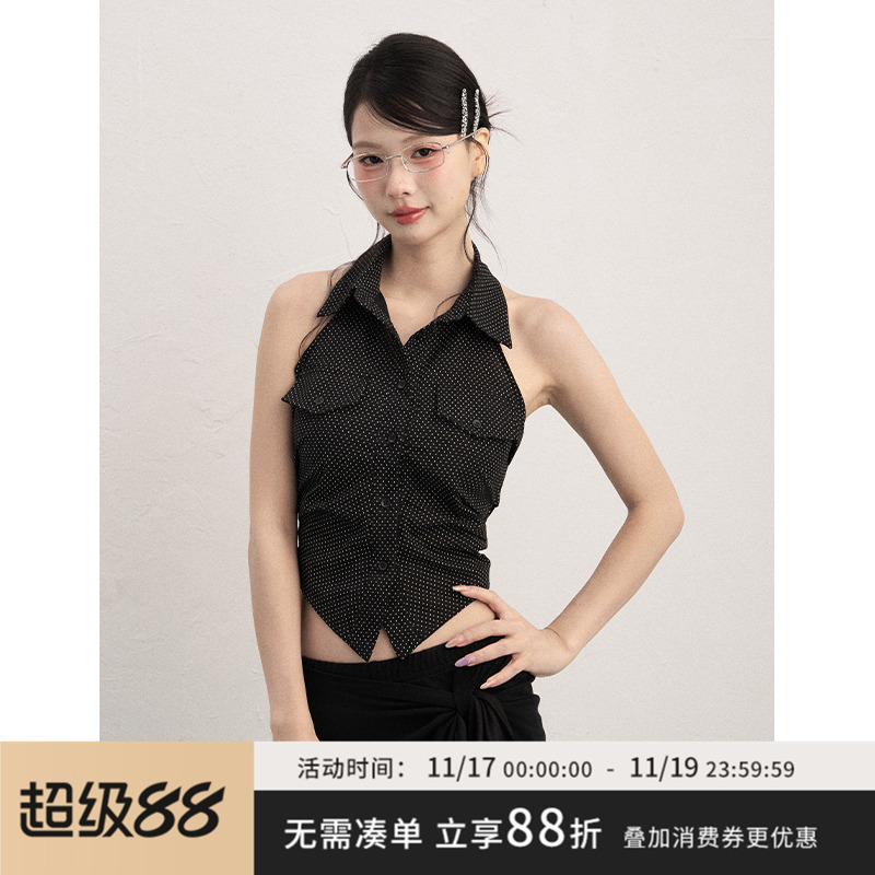 AXIA2025夏季法式挂脖背心女夏季黑色波点修身收腰无袖衬衫上衣韩