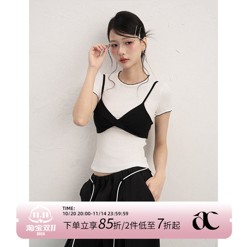 AXIA短袖T恤女夏季真两件小心机设计感圆领韩版上衣别致风格潮