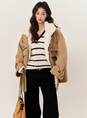 AXIA 复古宽松多口袋加厚毛领外套女2025秋冬新款保暖夹克上衣