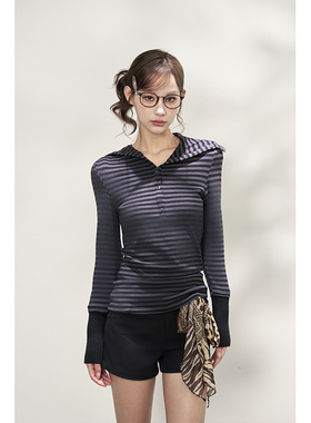 AXIA设计感横条纹长袖T恤女秋冬季修身V领奶系穿搭早秋上衣