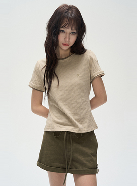 AXIA2025夏季新款设计感抽绳宽松版卷边阔腿牛仔休闲复古工装短裤