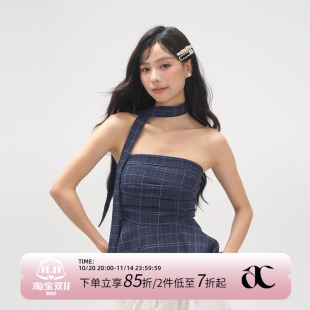 AXIA蓝色格子抹胸美背吊带背心女夏季 复古休闲2025外穿打底上衣