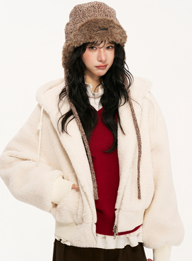 AXIA 加厚羊羔毛外女套韩版2025冬季新款夹克连帽短款