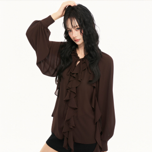 衬衫 女2026春季 新款 AXIA 灯笼袖 木耳边长袖 独特洋气小衫 上衣 法式