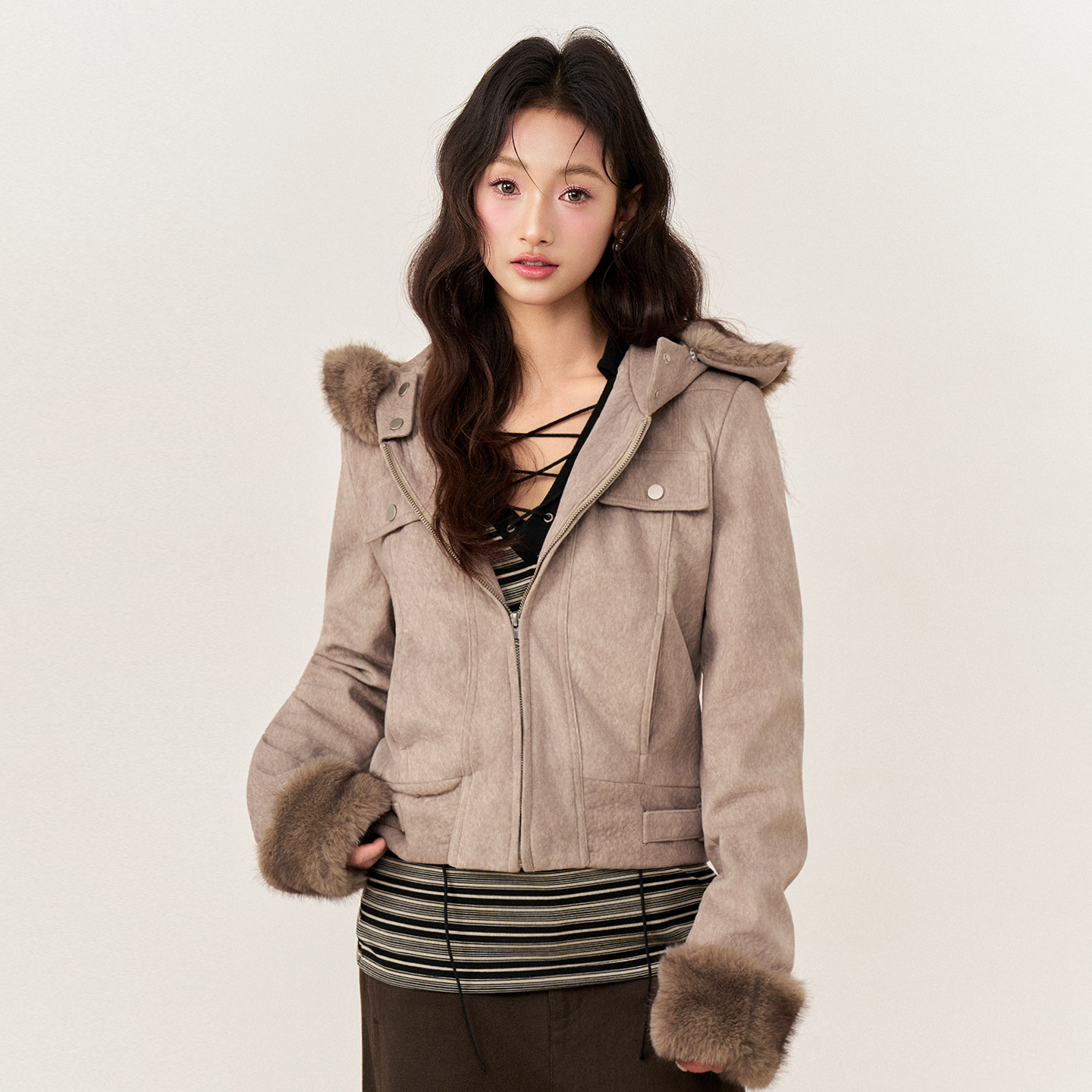 AXIA 卡其色连帽加厚毛呢外套女秋冬复古宽松短款拉链呢子上衣