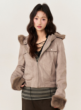 AXIA 卡其色连帽加厚毛呢外套女秋冬复古宽松短款拉链呢子上衣