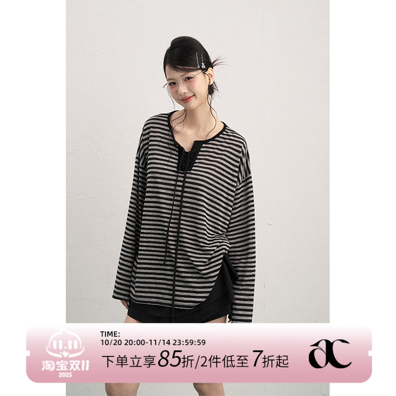 AXIA慵懒风复古长袖T恤女早秋新款显瘦横条纹宽松休闲中长款上衣