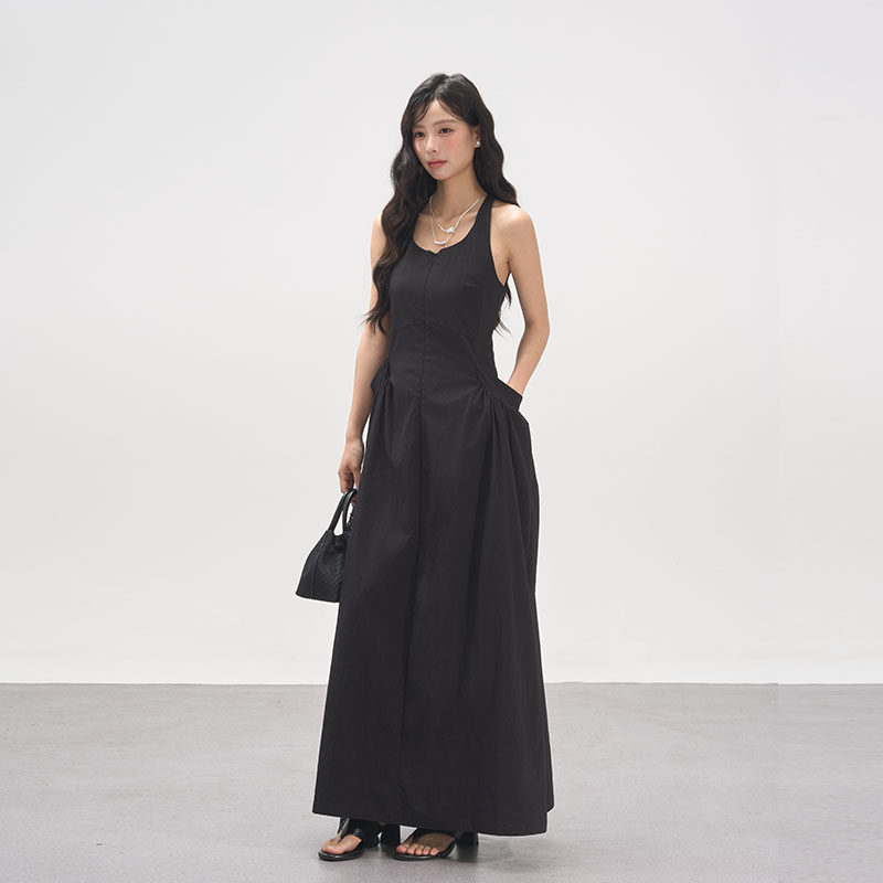 AXIA吊带连衣裙女夏季后背麻花结设计感叠穿简约大U领无袖背带裙