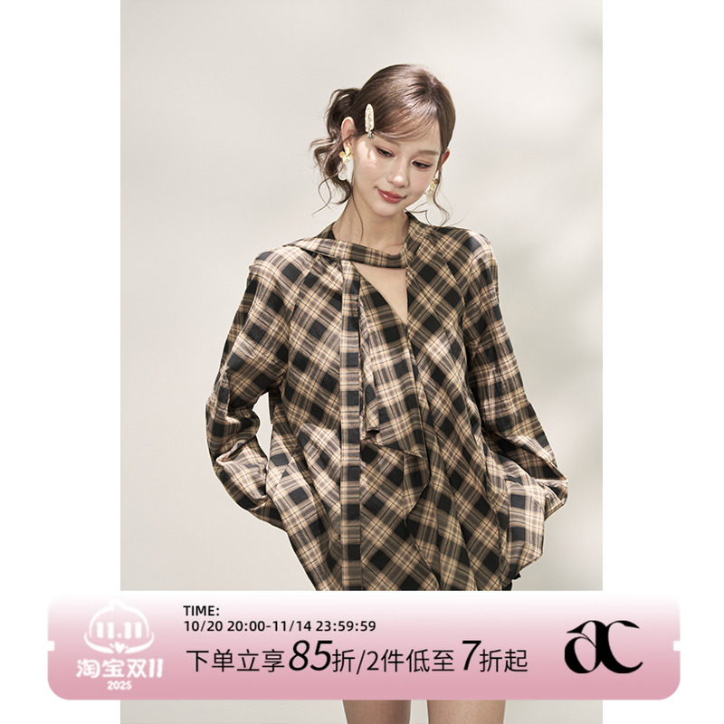 AXIA复古格子长袖衬衫女早秋宽松薄款港味上衣高级感小众格纹外套