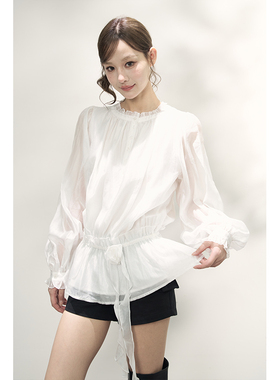 AXIA纯欲风木耳边收腰衬衫女秋季奶系穿搭法式花苞泡泡袖长袖上衣