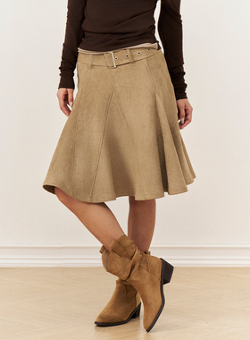 AXIA 复古卡其色中高腰麂皮半身裙女2025秋冬新款解构线中裙a字裙