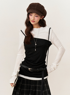 AXIA 假两件长袖T恤女秋冬新款设计感小众修身显瘦内搭打底上衣