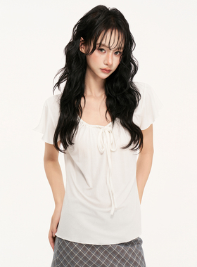 AXA莱赛尔小飞袖短袖T恤女2026夏季新款设计感小众系带大领口上衣