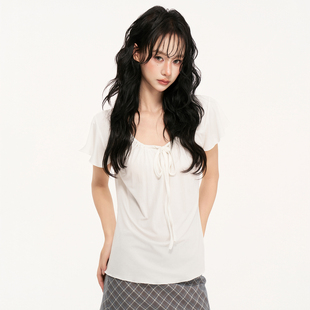 AXA莱赛尔小飞袖短袖T恤女2026夏季新款设计感小众系带大领口上衣