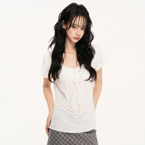 AXIA莱赛尔小飞袖短袖T恤女2026夏季新设计感小众系带大领口上衣