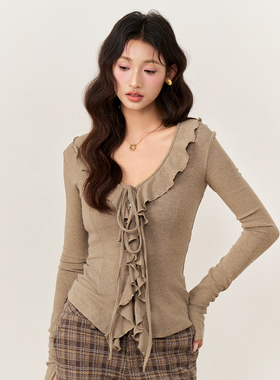 AXIA 辣妹修身木耳边V领开衫针织衫女秋冬短款内搭打底衫上衣