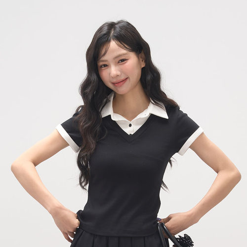 AXIA撞色拼接假两件翻领polo上衣套装女夏季宽松短款裙裤两件套装