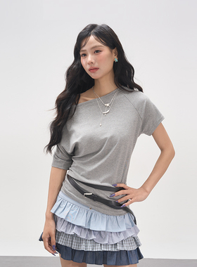 AXIA灰色宽松斜肩短袖T恤女夏季2025新款露肩显瘦辣妹一字肩上衣