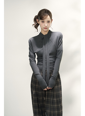 AXIA 修身针织衫女秋冬季掐腰打底长袖T恤收腰飘带设计感外穿上衣