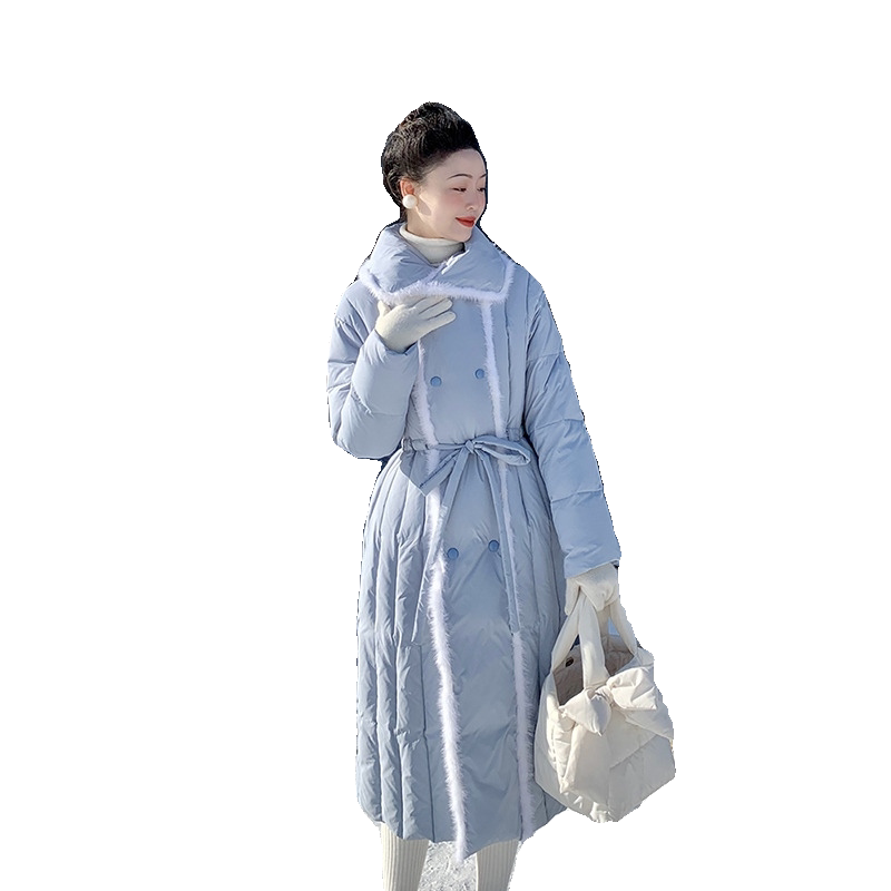 新中式蓝色毛毛拼接中长款羽绒服女秋冬收腰系带轻薄显瘦保暖外套