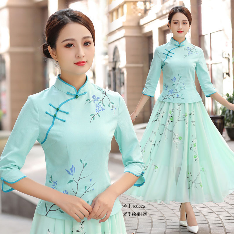 复古风手绘两件套茶服改良旗袍