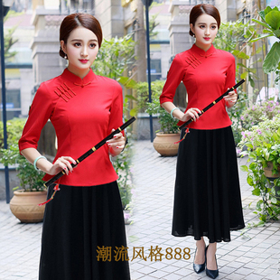 汉服 复古盘扣中式 民国风唐装 改良红色旗袍两件套女上衣中国风古装