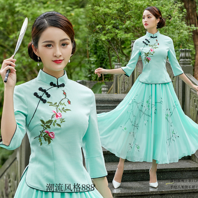女士旗袍夏款绣花唐装长裙茶艺服