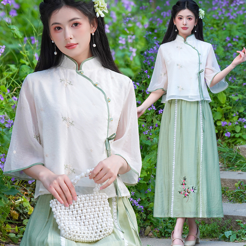 复古中袖茶服唐装女中国风两件套