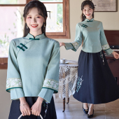 气质盘扣旗袍双袖 少女年轻款 上衣茶服两件套秋冬 民国风套装 新中式