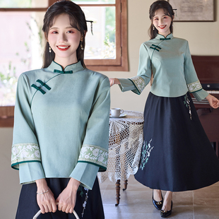 气质盘扣旗袍双袖 少女年轻款 上衣茶服两件套秋冬 民国风套装 新中式