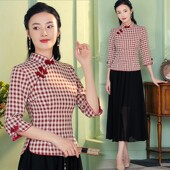中袖 复古民国风女套装 棉麻旗袍上衣格子唐装 春夏两件套中国风茶服