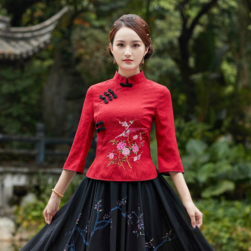 春夏大码唐装汉服民国改良年轻旗袍两件套女上衣中国风复古茶艺服