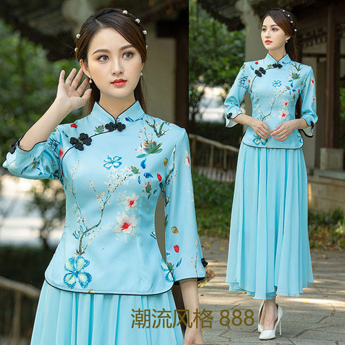 夏季新款锦棉印花旗袍两件套上衣