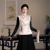 秋冬新中式 立领夹棉提花织锦缎旗袍马甲上衣 国风嵌毛边复古无袖