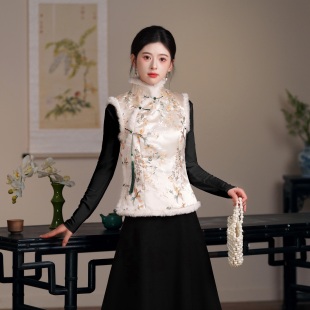 秋冬新中式 立领夹棉提花织锦缎旗袍马甲上衣 国风嵌毛边复古无袖